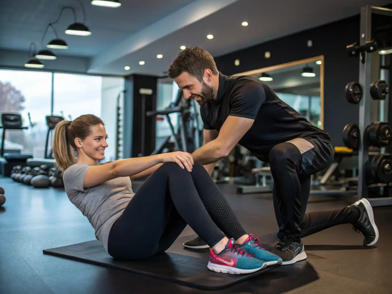 A personal trainer working one-on-one with a client, demonstrating proper form and technique, highlighting the personalized approach of ASSOCIATION HC FORM'UP.