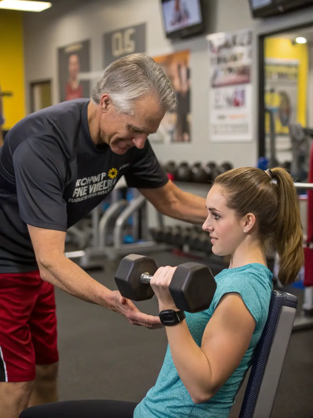 A personal trainer working one-on-one with a client, demonstrating proper form for a weightlifting exercise in a well-equipped gym.