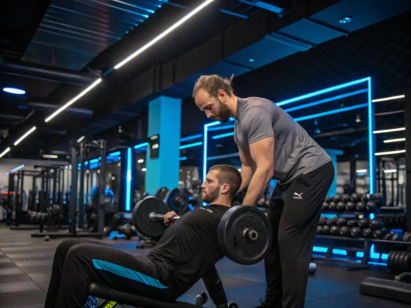 A ASSOCIATION HC FORM'UP trainer assisting a member with weightlifting, demonstrating personalized strength training techniques.