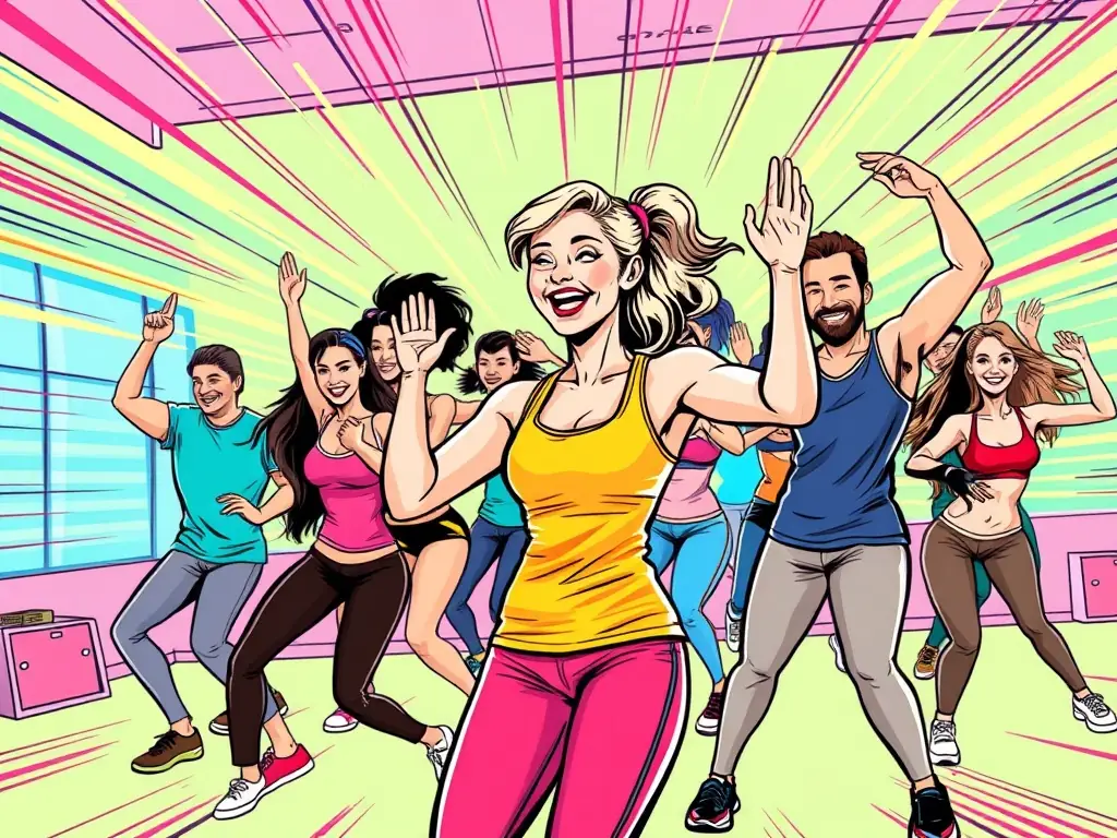 A dynamic group fitness class in progress, participants are engaged in a high-energy workout led by an instructor, showcasing the community aspect of ASSOCIATION HC FORM'UP.