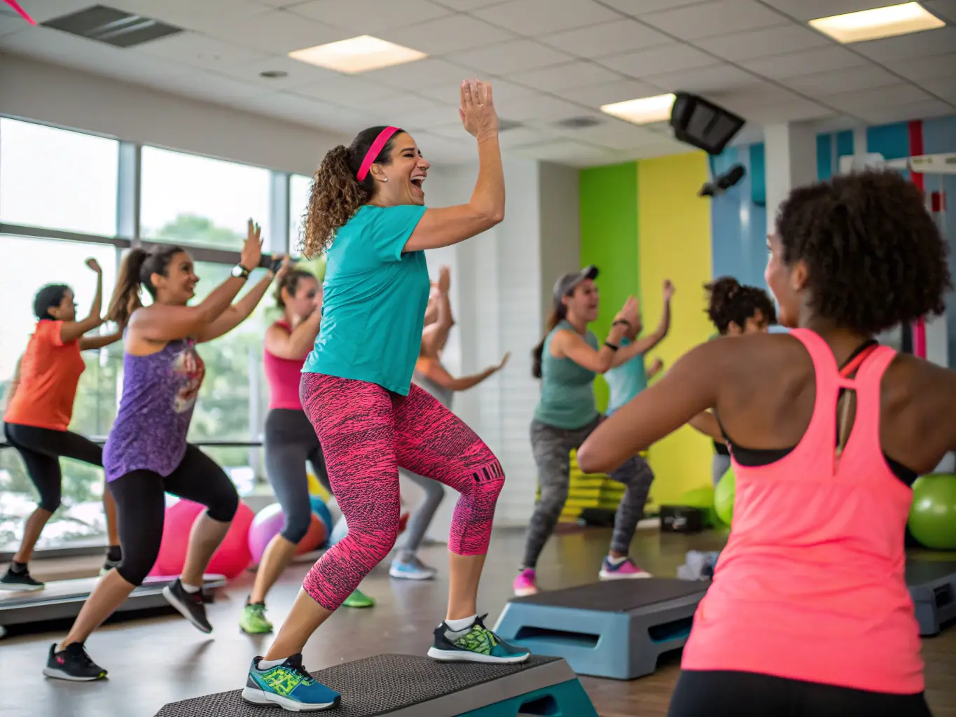 A dynamic group fitness class in a brightly lit studio, participants are engaged in a high-energy workout led by an enthusiastic instructor, showcasing the community aspect of ASSOCIATION HC FORM'UP.