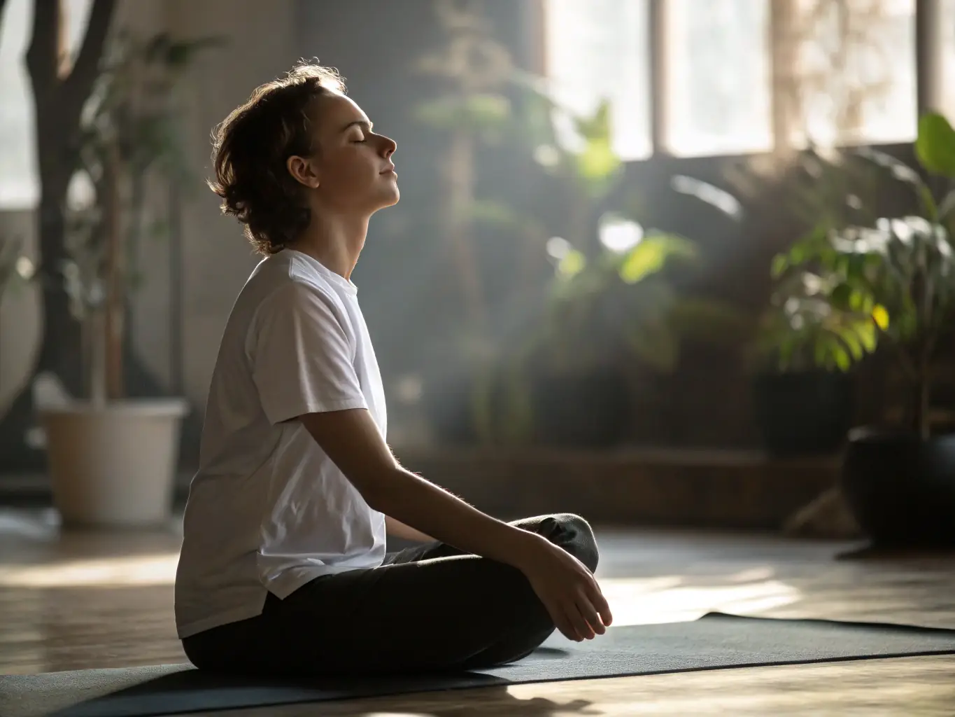 A serene individual practicing mindfulness or yoga at ASSOCIATION HC FORM'UP, highlighting the mental and emotional well-being aspects of the programs.