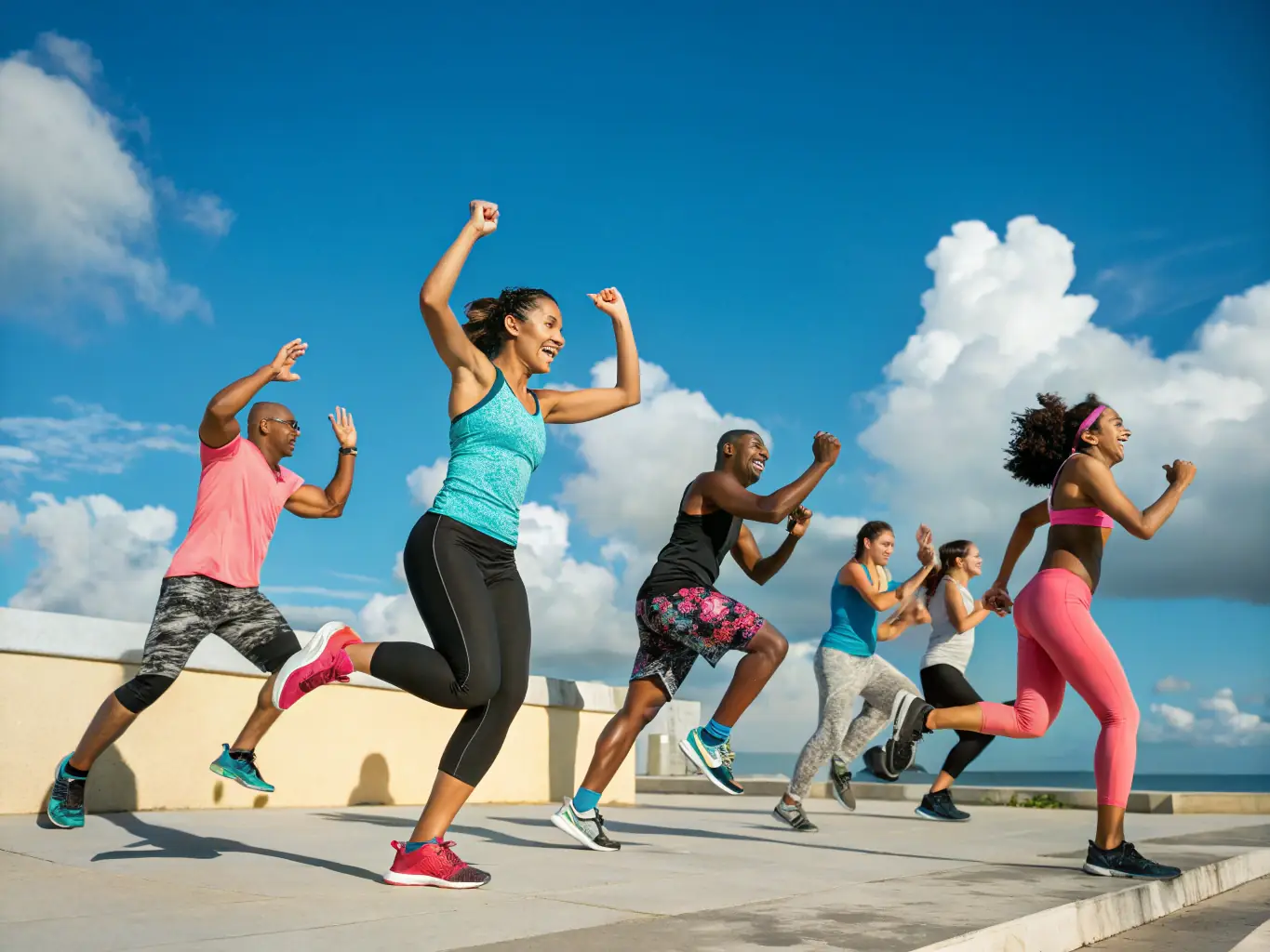 A group of diverse individuals participating in a high-energy fitness class at ASSOCIATION HC FORM'UP, showcasing the community aspect and the variety of exercises.