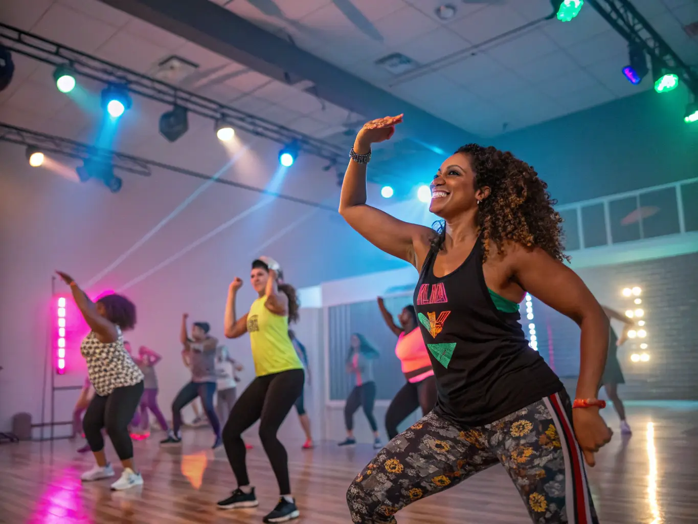 A group of people participating in a high-energy Zumba class at ASSOCIATION HC FORM'UP, with an instructor leading the dance moves and participants smiling and sweating.