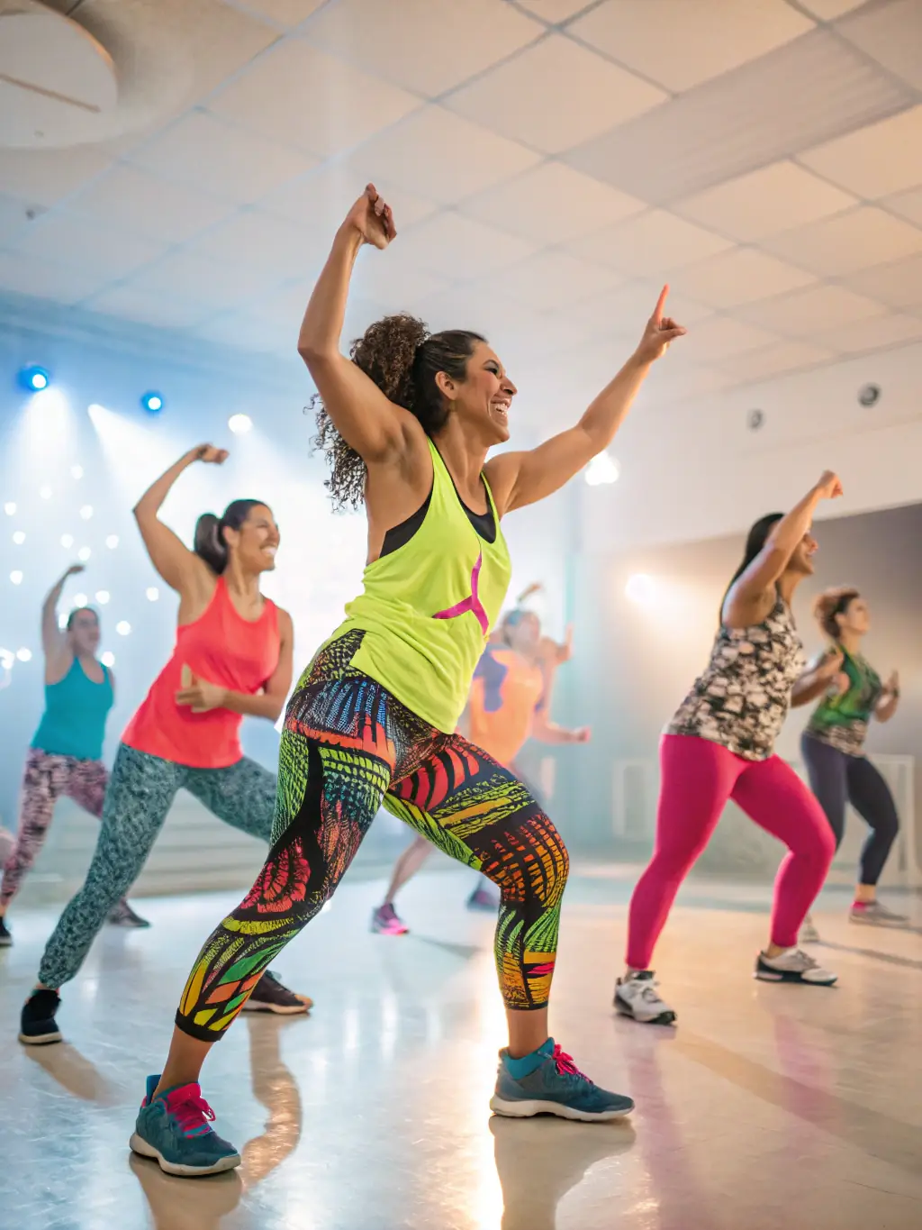 A group of people participating in a high-energy Zumba class, led by an instructor, in a brightly lit studio with mirrors.