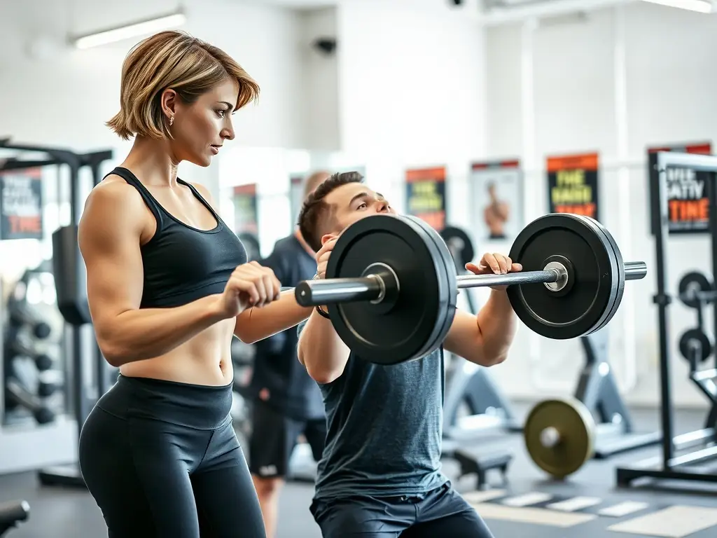 A personal trainer working with a client at ASSOCIATION HC FORM'UP, demonstrating proper form and technique during a weightlifting session.