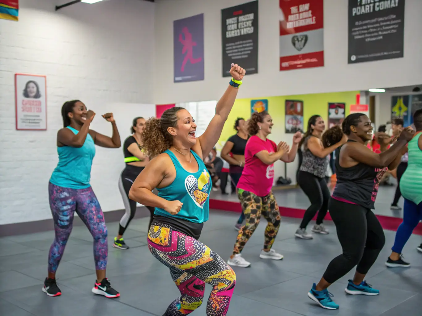 A diverse group of ASSOCIATION HC FORM'UP members participating in a high-energy group fitness class, showcasing teamwork and motivation.