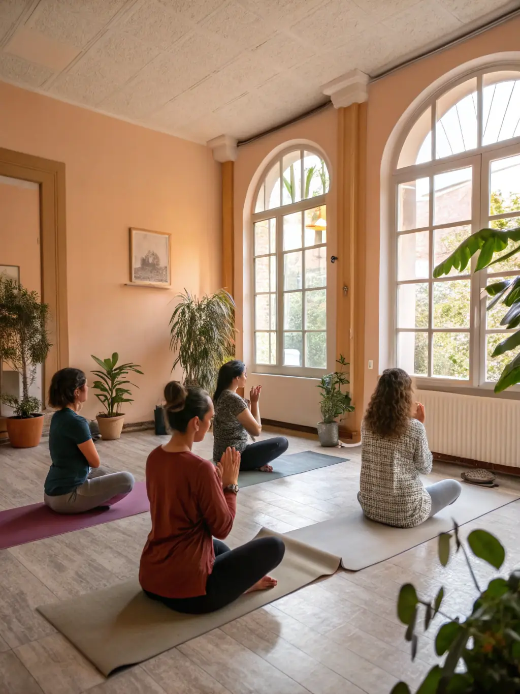 Participants in a yoga workshop, performing a balancing pose under the guidance of an instructor in a serene studio setting.