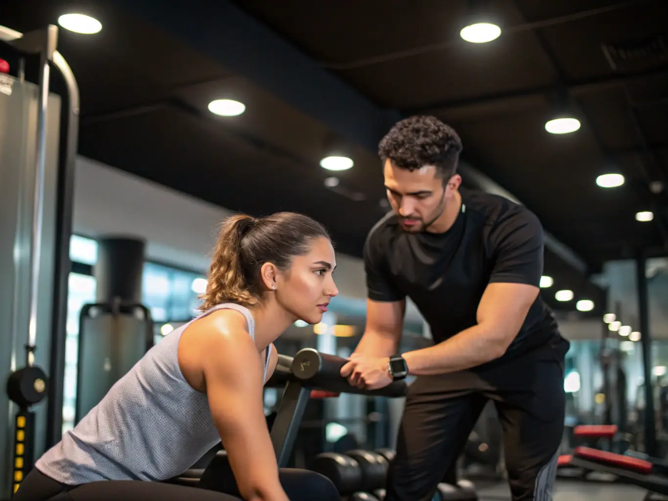 A focused personal training session in a well-equipped gym, a trainer guides a client through a customized workout routine, emphasizing the personalized approach of ASSOCIATION HC FORM'UP.