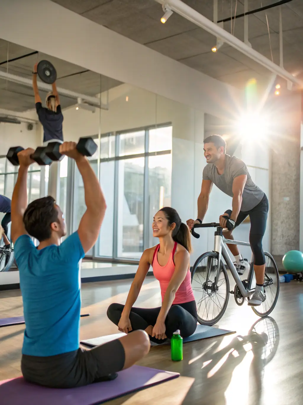 A group of individuals engaged in a circuit training session, moving between different exercise stations under the supervision of a coach.
